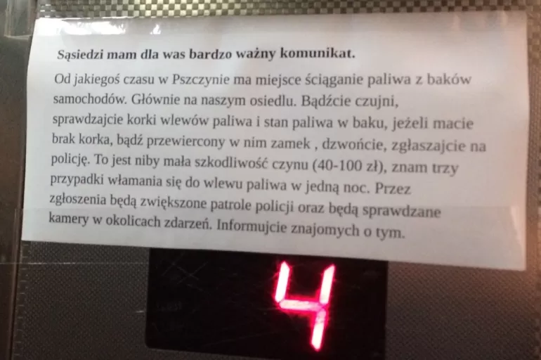 ostrzeżenie, kradzież paliwa