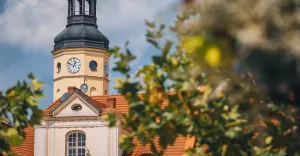 Wieża Kościelna wyłania się z kwiatów i drzew