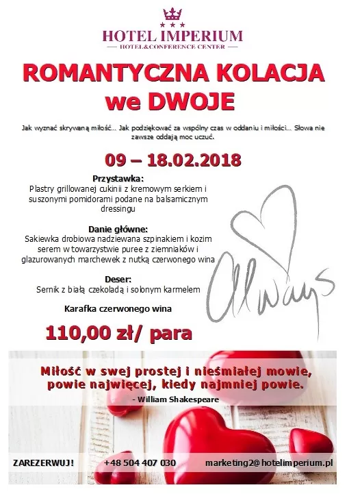 Romantyczna kolacja we dwoje w Hotelu Imperium***