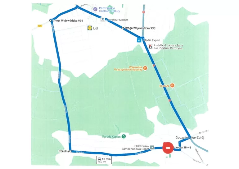 Awaryjne zamknięcie ul. Szkolnej w Goczałkowicach - mapa objazdu
